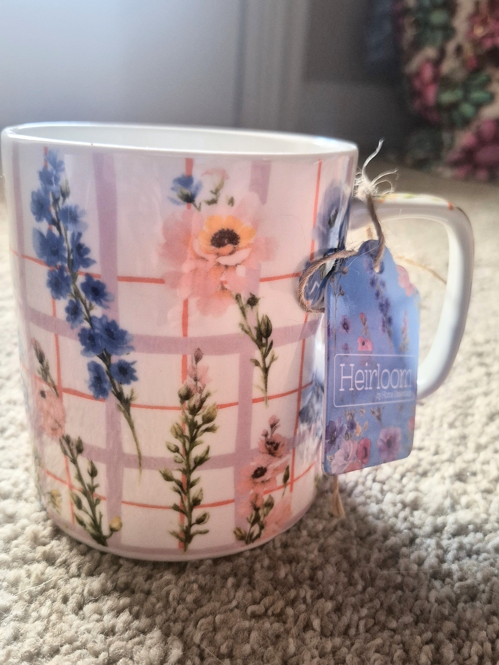 Heirloom Floral Plaid Ceramic Mug in Pink and Blue